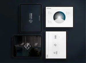 Three ipads and a tablet with a black background.