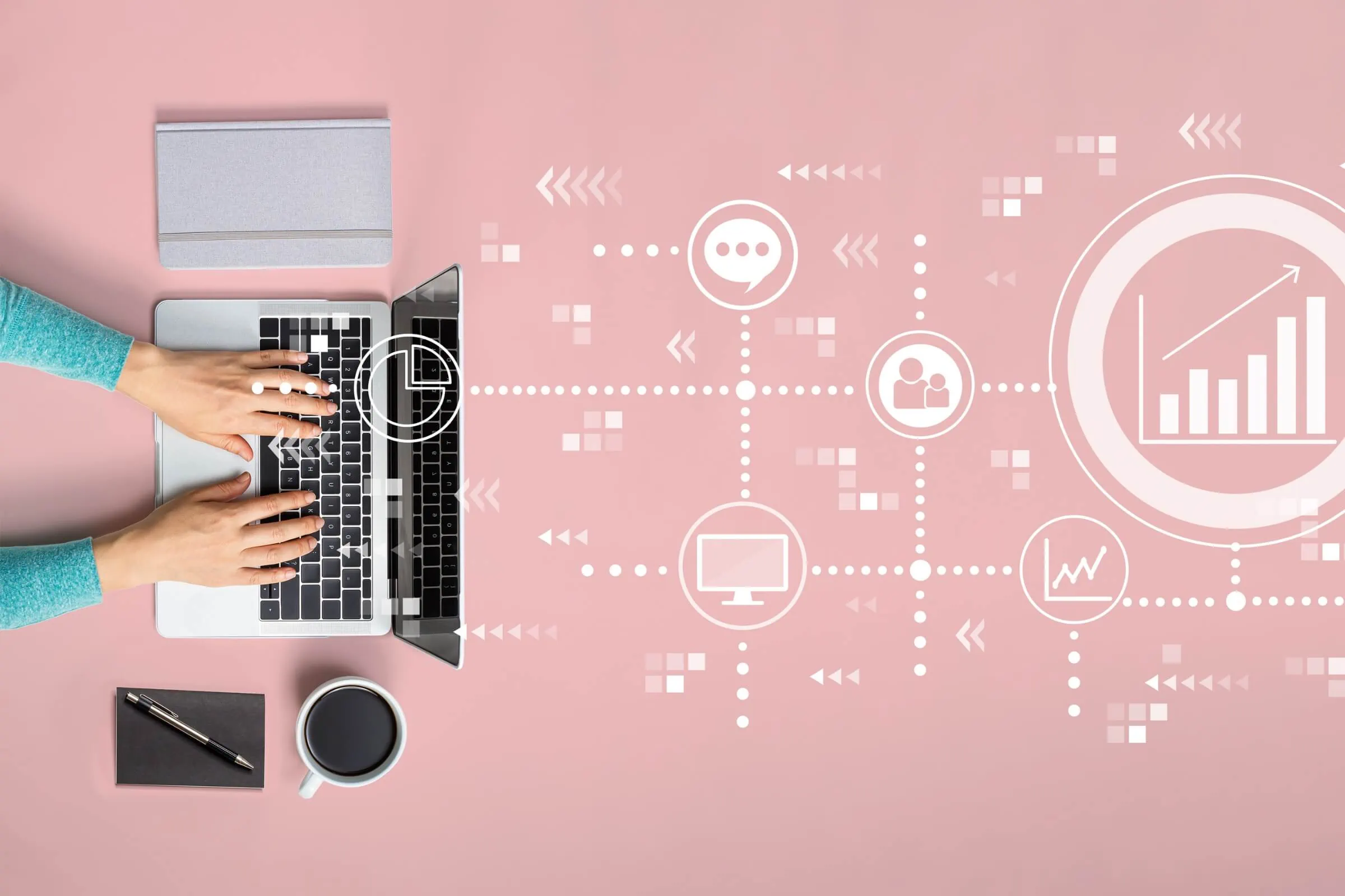 A woman is analyzing digital marketing trends on her laptop.