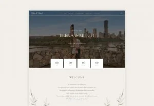 A wedding website design with a couple in the background.