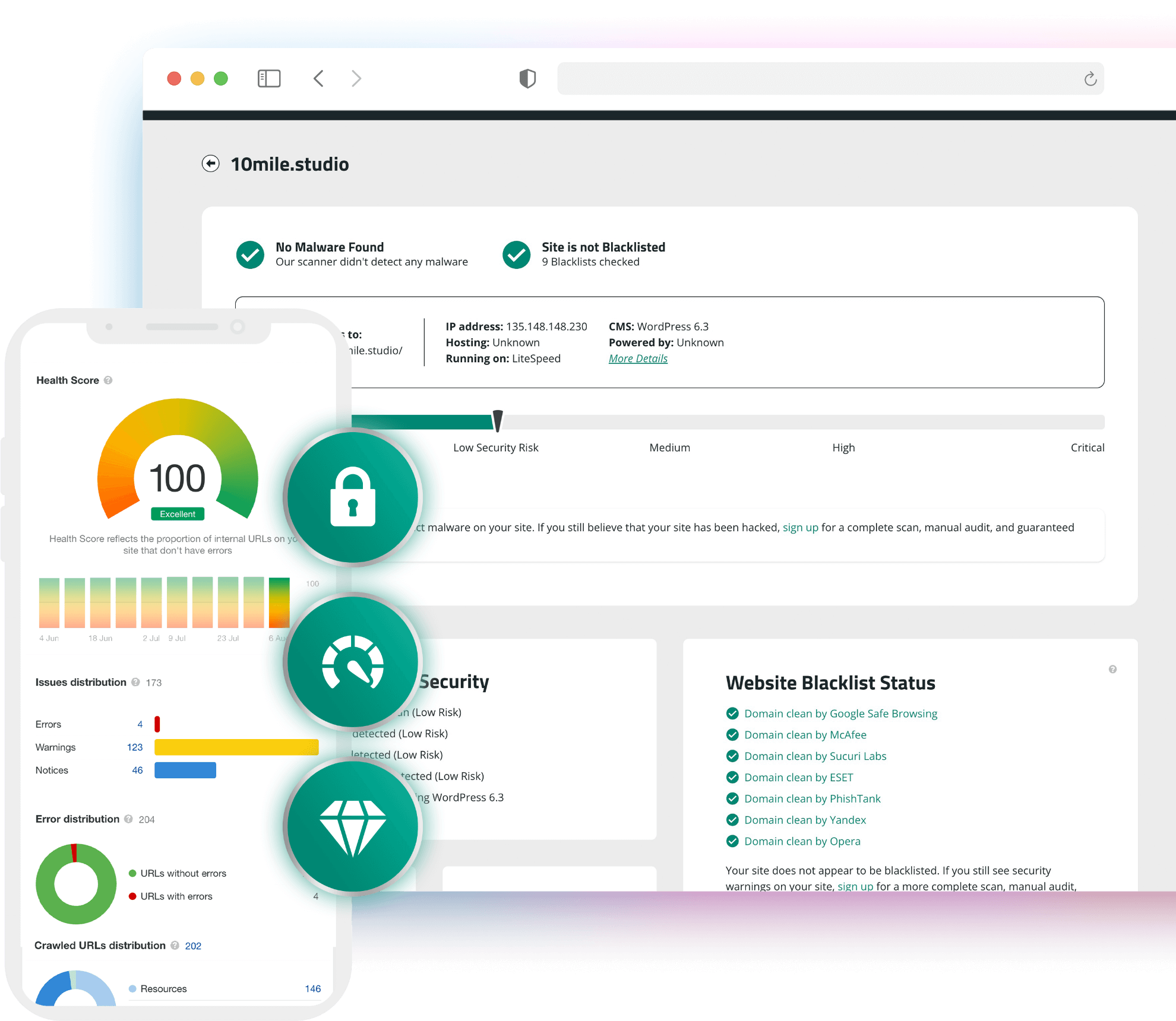 A computer screen with a phone and a tablet displaying a security dashboard.