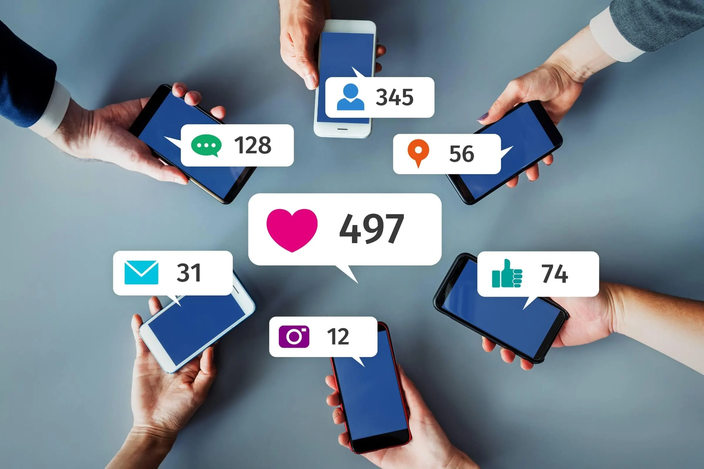 A group of people engaging in remarketing with smartphones and social media icons.