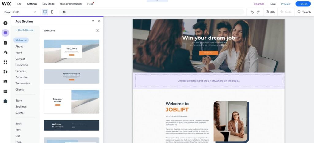 Wix website builder interface