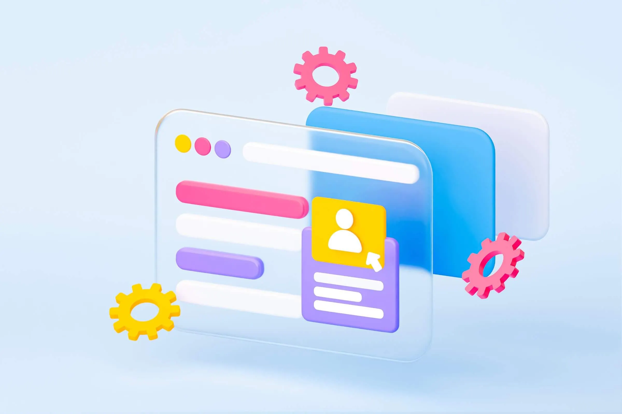 A 3D representation of a person and gears on a blue background that explores the realm of User Experience (UX) and User Interface (UI).